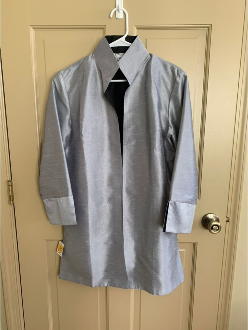 NWT Grace Chuang Reversible High Collar Open Front Mid Length Jacket Silver Blac